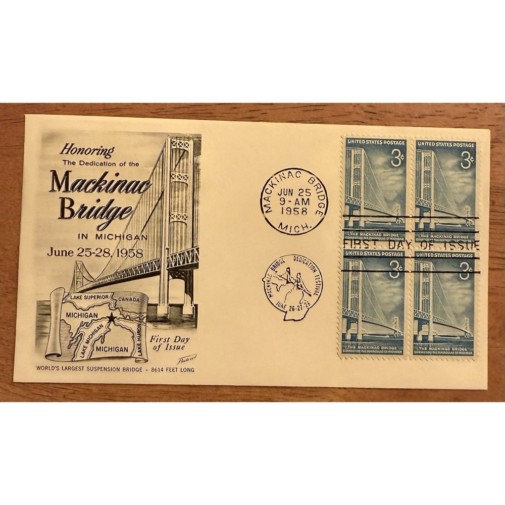 1109 3c Stamp (1958) THE MACKINAC BRIDGE FDC FROM FLEETWOOD - PLATE BLOCK